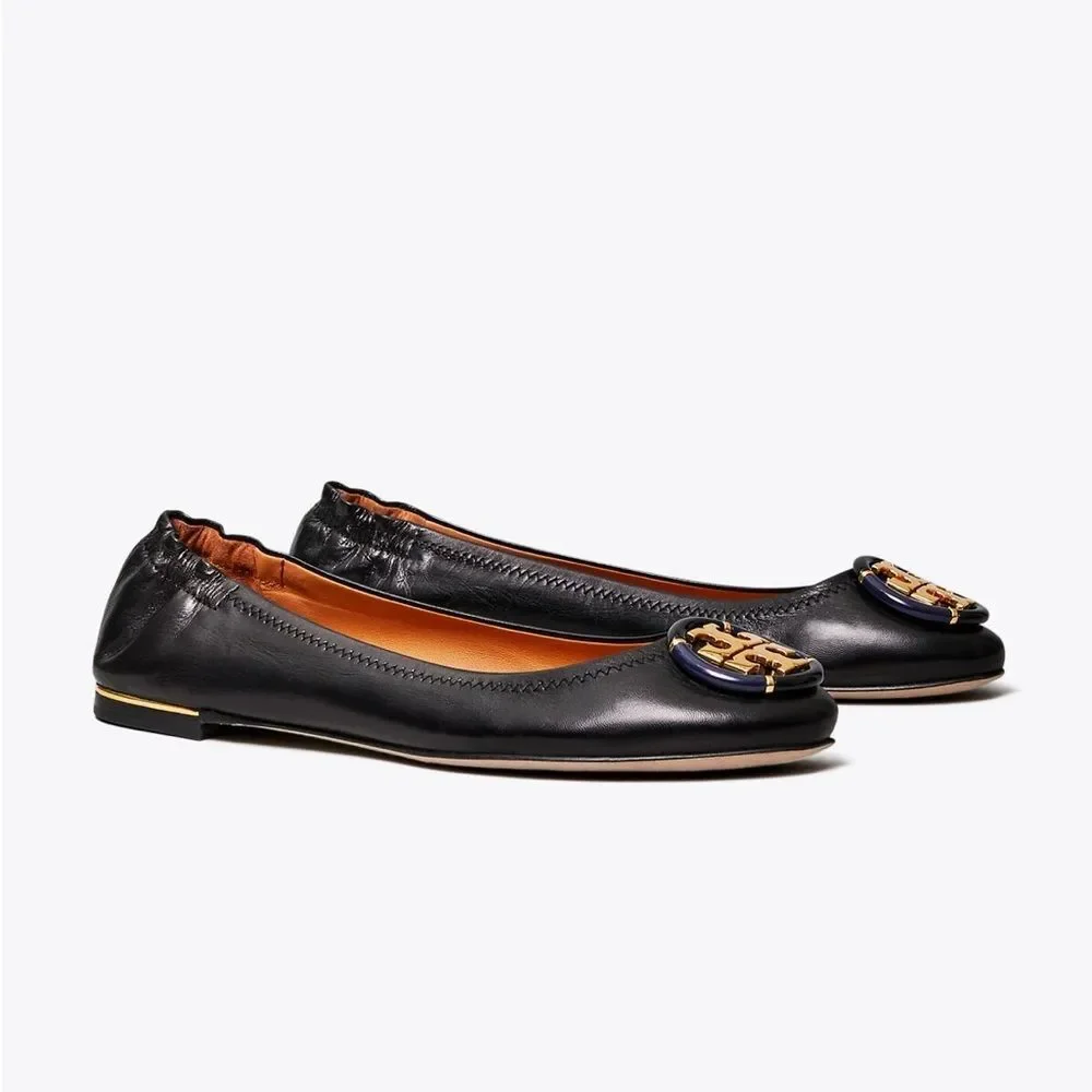 Tory Burch Multi-Logo Ballet Flat Black Leather Size 6.5